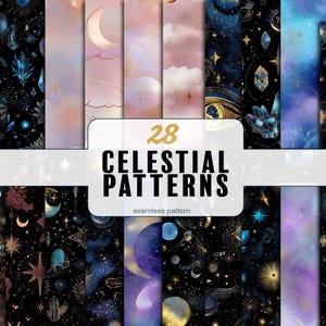 May include: A collection of 28 celestial patterns with a seamless design. The patterns feature moons, stars, and other celestial elements in shades of blue, purple, and gold. The text "28 CELESTIAL PATTERNS" is displayed in a white rectangle.