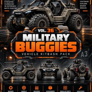 以下が含まれることがあります： 「Vol. 36 Military Buggies Vehicle Kitbash Pack」というタイトルのデジタルアセットパック。屋根に砲塔を搭載したタンカラーの装甲オフロード車、大きなトレッドタイヤ、コンセプトアートや3Dモデリング用の様々なモジュール式コンポーネントが特徴です。
