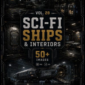 May include: A digital collection titled VOL. 28 SCI-FI SHIPS & INTERIORS featuring over 50 images in PNG and JPG formats. The graphic displays dark, detailed science fiction environments, including cargo bays, escape pods, and a large UNSC ship.