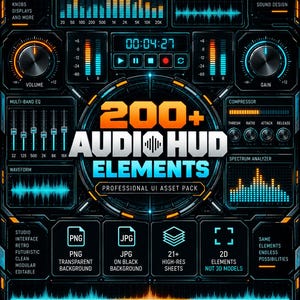 May include: A digital graphic interface featuring the text 200+ AUDIO HUD ELEMENTS PROFESSIONAL UI ASSET PACK. The layout includes various audio control panels, volume and gain knobs, frequency equalizers, and waveform displays in blue and orange.