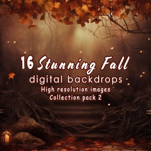May include: A digital backdrop image with a fall theme. The image features a pathway surrounded by trees with orange and brown leaves. The text "16 Stunning Fall digital backdrops" is displayed. Two lanterns with lit candles are on either side.