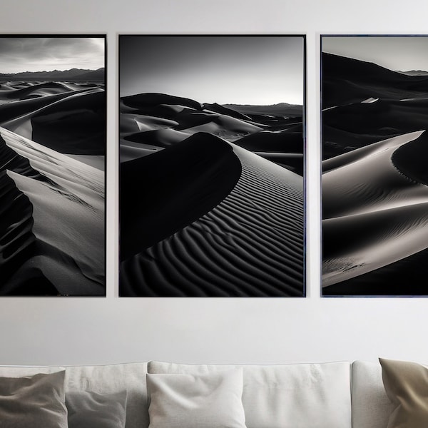 Impression de paysage désertique, art du désert noir et blanc, art mural de dunes de sable, impression nature minimaliste, décor mural désert imprimable, paysage désertique