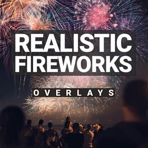 Puede incluir: Imagen de fuegos artificiales realistas explotando en el cielo nocturno. El texto "REALISTIC FIREWORKS OVERLAYS" se muestra en blanco. Una multitud de personas observa el espectáculo. También se ve el texto "40 PNG + JPG Included".