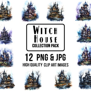 Witch&#39;s House Clipart: Spooky Haunted Castle Illustrations (12 PNG & JPG)