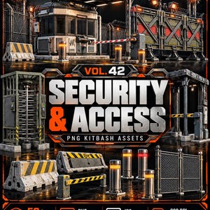 Peut inclure: Une collection d'actifs numériques intitulée VOL. 42 SECURITY & ACCESS PNG KITBASH ASSETS présentant des éléments de sécurité industriels comme des guérites, des tourniquets, des clôtures grillagées et des bornes lumineuses.