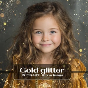 Könnte beinhalten: Ein lächelndes junges Mädchen mit langen, welligen braunen Haaren und blauen Augen, das ein goldenes Kleid trägt. Das Bild ist mit goldenem Glitzer überlagert und enthält den Text "Gold glitter 28 PNG & JPG Overlay images".