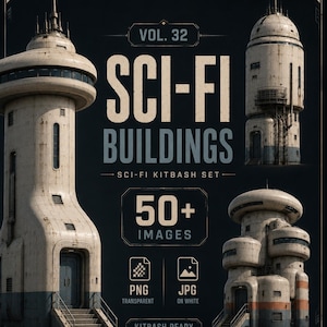Puede incluir: Una colección digital titulada Vol. 32 Sci-Fi Buildings Sci-Fi Kitbash Set con más de 50 imágenes en formatos PNG y JPG. El gráfico muestra tres estructuras de torres futuristas de color blanco roto desgastado con detalles en azul.