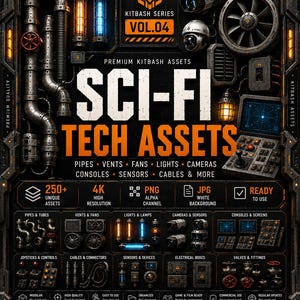 Może przedstawiać: Kolekcja zasobów cyfrowych zatytułowana Kitbash Series Vol. 04 Sci-Fi Tech Assets, zawierająca ponad 250 elementów, w tym rury, wentylatory, światła, kamery i konsole. Ciemny metaliczny interfejs wyświetla specyfikacje techniczne oraz ikony oprogramowania.