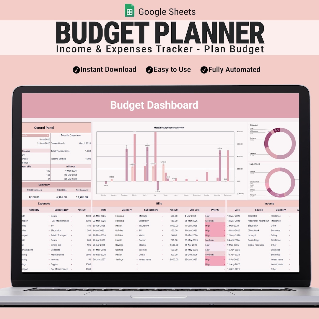 Budget Planner Google Sheets Dashboard, Expense Income Bills Tracker ...