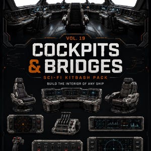 Könnte beinhalten: Ein digitales Asset-Paket mit dem Titel Vol. 19 Cockpits & Bridges, das eine Sammlung von Sci-Fi-Innenraumkomponenten enthält, darunter Pilotensitze, Steuerkonsolen, Radaranzeigen und Navigationspaneele in dunkler Metalloptik mit orangefarbenem Text.