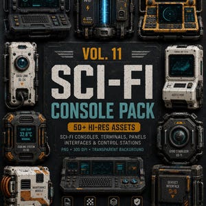 May include: A digital collection titled Vol. 11 Sci-Fi Console Pack featuring 50+ hi-res assets including sci-fi consoles, terminals, panels, interfaces, and control stations with various technical labels like Power Regulator PR-07 and Data Link DL-24.