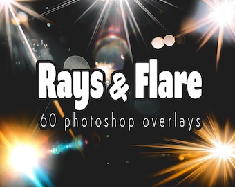 60 Rays and Flare Overlays, JPG Transparent PNG Photo Editing Effects for Photoshop, Photography, Digital Design, Instant download, Sun rays