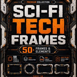 May include: A digital collection titled SCI-FI TECH FRAMES VOL.1 featuring 50+ frames and elements. The design includes metallic, weathered gray and orange borders with technical details, displaying various rectangular and circular frame examples.