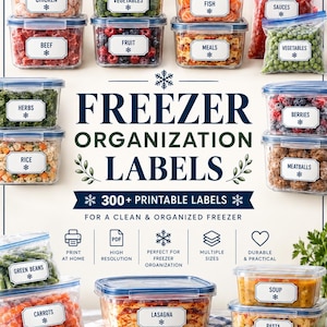 Puede incluir: Una colección de etiquetas de organización para congelador con pegatinas rectangulares blancas, bordes azules e iconos de copos de nieve. Las etiquetas se muestran en varios recipientes y bolsas de plástico transparente con alimentos como carne y verduras.