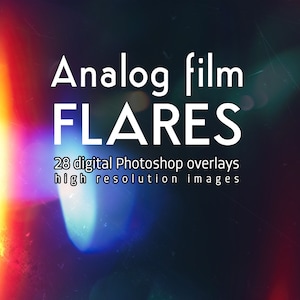 Może przedstawiać: Cyfrowa lista produktów obejmująca 28 nakładek z efektem rozbłysku filmu analogowego do Photoshopa. Obraz przedstawia kolorowe, rozmyte, abstrakcyjne tło z tekstem "Analog film FLARES" i "28 cyfrowych nakładek Photoshop w wysokiej rozdzielczości".