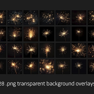 Downloadable sparkler and fireworks overlay set with transparent background. Enhance photos and digital artwork with realistic light trails, perfect for festive scenes, night photography, and graphic design projects.