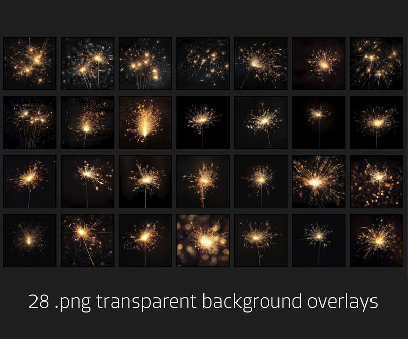 Downloadable sparkler and fireworks overlay set with transparent background. Enhance photos and digital artwork with realistic light trails, perfect for festive scenes, night photography, and graphic design projects.