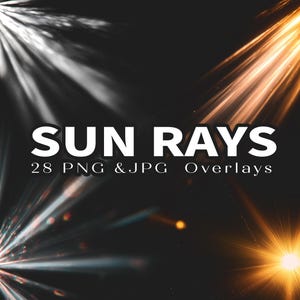 以下が含まれることがあります： 暗い背景に、さまざまな色の太陽光線オーバーレイが4つあるデジタルアート。テキスト「SUN RAYS」は大きな白い文字で表示され、その下に「28 PNG & JPG Overlays」と表示されています。