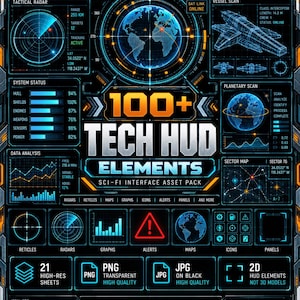 Puede incluir: Un paquete de activos digitales titulado 100+ TECH HUD ELEMENTS con un diseño de interfaz de ciencia ficción en azul oscuro y naranja. El diseño incluye radares tácticos, escaneos de naves, mapas planetarios, barras de estado y gráficos.