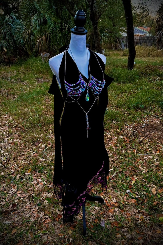 Whimsigoth-Witchy lace trimmed dress, sleeves and beaded bra top ~ Size small ~ OOAK Whimsigoth-Witchy lace trimmed dress, sleeves and beaded bra top ~ Size small ~ OOAK