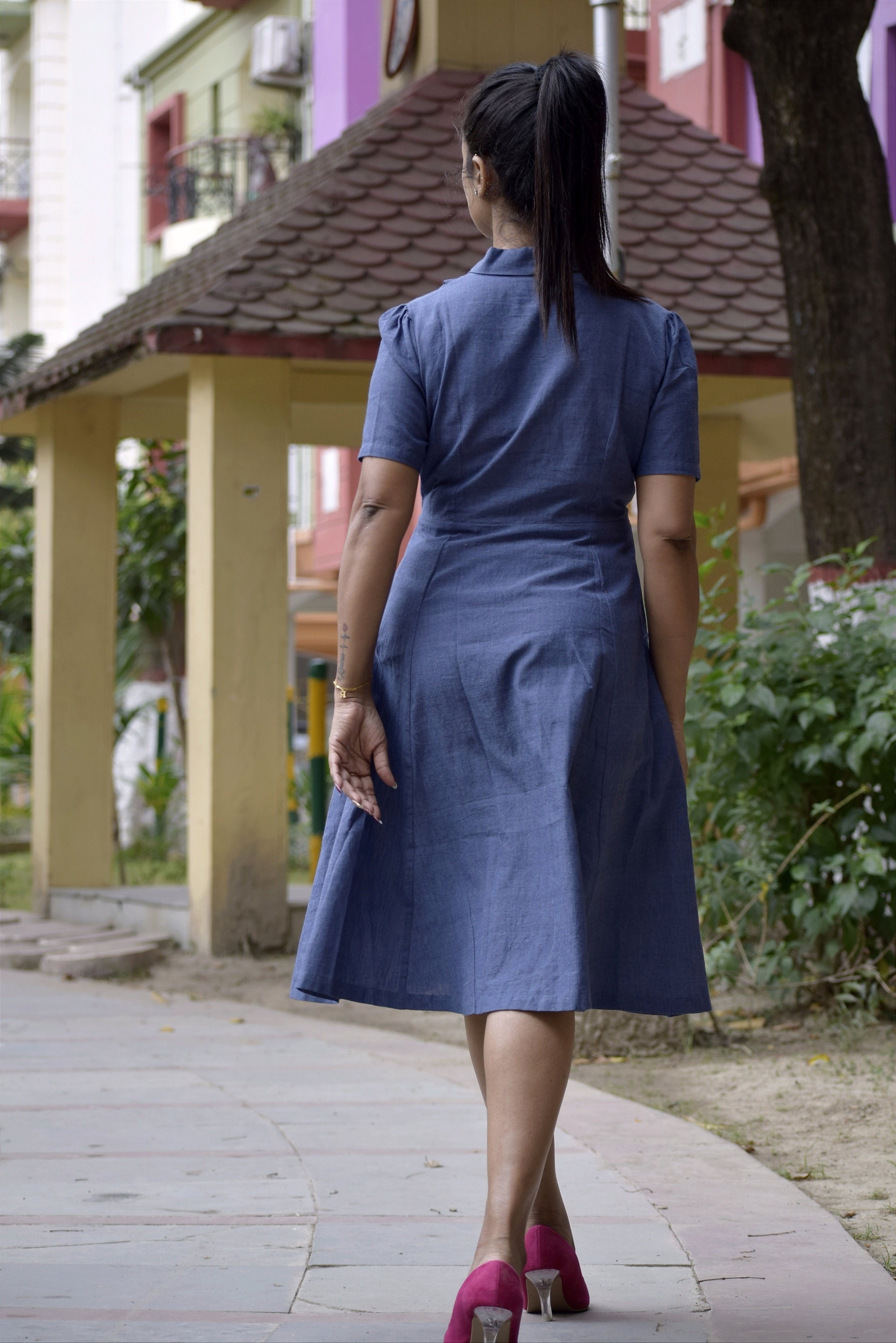 BLUE NILE - Pleated V Neck, Short Puff Sleeved High Waisted, Midi A Line  Swing Dresses - Etsy