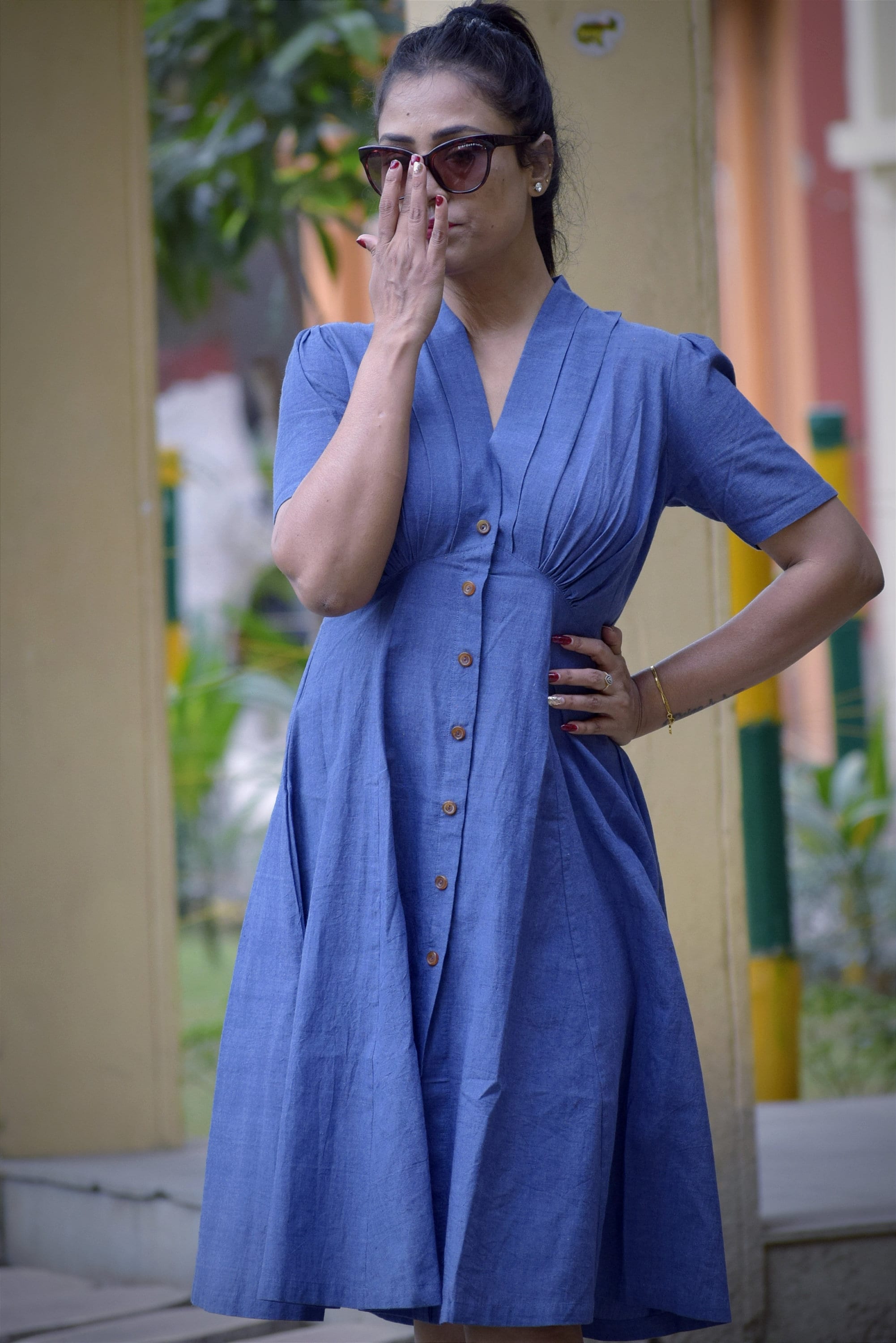blue nile dress BLUE NILE - Pleated V Neck, Short Puff Sleeved High Waisted, Midi A Line Swing Dresses