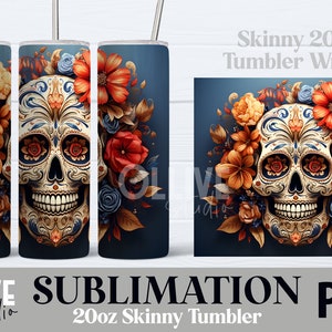 3D Sugar Skull Floral 20oz Tumbler Wrap PNG