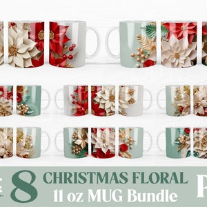 3D Blumen Weihnachtsbecher Wrap Sublimation PNG Bundle