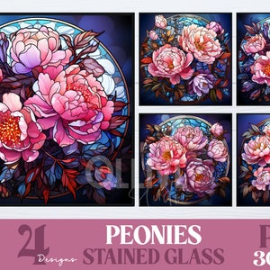 Stained Glass Peonies Flowers Sublimation Bundle