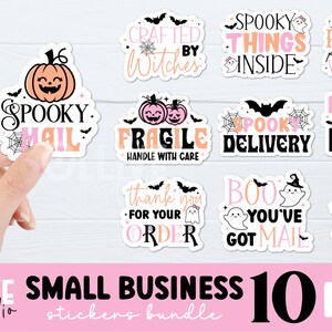 May include: Ten digital printable Halloween stickers featuring cute ghosts, pumpkins, bats, and spiderwebs. The stickers include phrases like "Spooky Mail", "Boo You've Got Mail", "Fragile Handle With Care", and "Thank You".