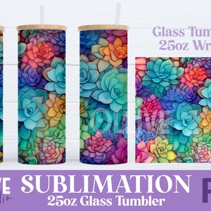 Succulents Alcohol Ink 25oz Glass Tumbler Wrap PNG