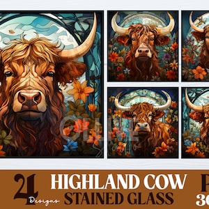 Highland Cow Stained Glass PNG Bundle