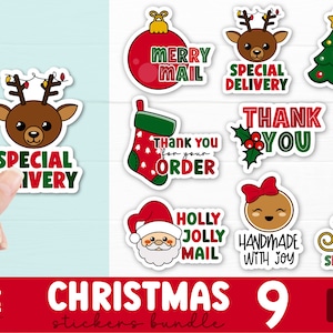 May include: Nine Christmas-themed stickers featuring various designs, including a reindeer, a stocking, a snowman, a gingerbread person, a Santa Claus, a Christmas tree, and a sleigh. The stickers are in red, green, white, and brown colours. The text on the stickers includes "Merry Mail", "Special Delivery", "Thank You", "Holly Jolly Mail", "Handmade with Joy", "Thank You for Shopping Small", "Thank You Snow Much!" and "Sleigh Mail".