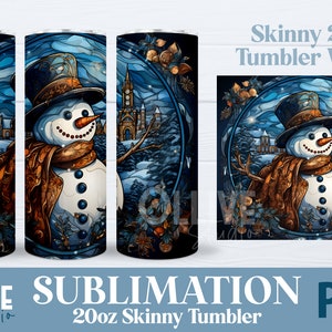 Snowman Stained Glass Tumbler Wrap Sublimation PNG