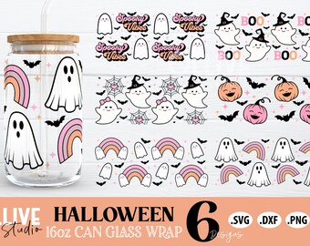 Lindo paquete SVG de envoltura de vidrio de lata de Halloween rosa de 16 oz