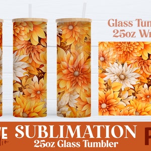 Fall Flowers 25oz Glass Tumbler Wrap Sublimation PNG