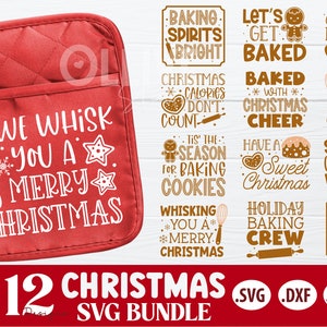 Könnte beinhalten: Ein Set mit 12 weihnachtlichen SVG-Designs mit Back-bezogenen Wortspielen und Illustrationen. Die Designs beinhalten Sätze wie "Baking Spirits Bright", "Let's Get Baked", "We Whisk You a Merry Christmas" und "Baking Through the Snow".