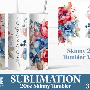 Watercolor Flowers Patriotic Tumbler Wrap Sublimation PNG