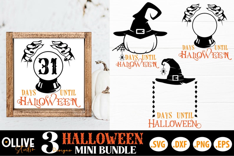 Może przedstawiać: Zestaw trzech projekt&oacute;w odliczania do Halloween z czarodziejskim kapeluszem, kryształową kulą z ręką i kryształową kulą z liczbą 31. Tekst brzmi "Dni do Halloween".