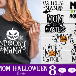 K&ouml;nnte beinhalten: Ein Set mit acht Halloween-SVG-Designs mit verschiedenen Spr&uuml;chen und Bildern, darunter "Witchy Mama", "Mom of Little Monsters", "Spooky Mama", "Spooky Mom", "Wife Mom Witch" und "One Spooktacular Mom".