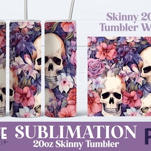 Floral Skull Pattern 20oz Tumbler Wrap PNG