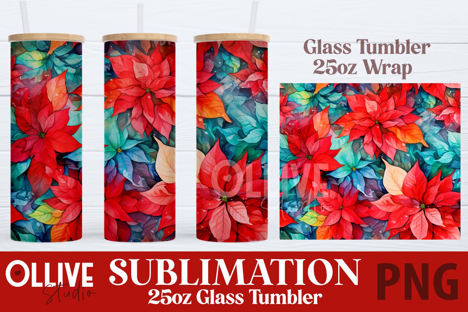 Thimblepress x Slant Glass Tumbler with Straw - Poinsettia Pattern