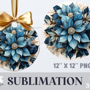 Christmas Blue Flowers Watercolor Sublimation Round PNG