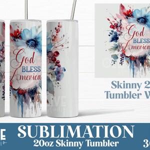 Watercolor Flowers Patriotic Tumbler Wrap Sublimation PNG God Bless America