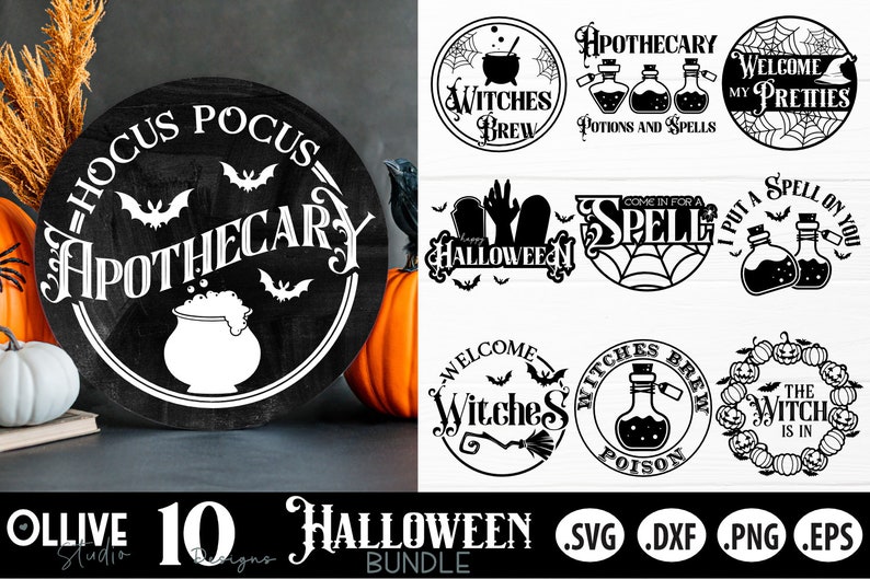 Puede incluir: Un conjunto de 10 archivos de corte SVG con tem&aacute;tica de Halloween que presentan dise&ntilde;os espeluznantes como poci&oacute;n de bruja, botica y hechizo para ti. Los dise&ntilde;os son en blanco y negro y perfectos para proyectos de manualidades.