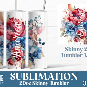 Patriotic Tumbler Wrap Watercolor Flowers Sublimation PNG