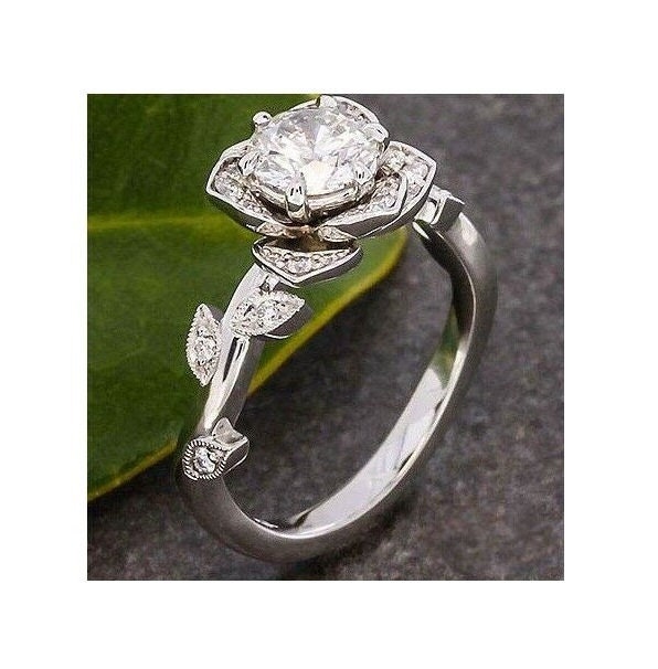 BLOOMING Work of Art 14k Flower Leaf Rose Lotus Diamond Engagement Wedding  Ring Set Leaves on the Band Brides Fl07 Patented Design 