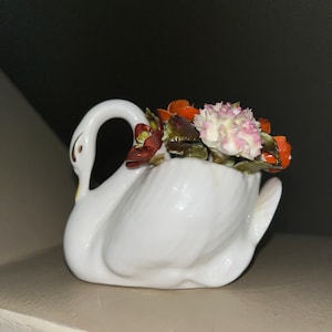 Vintage White Porcelain Swan with Flower Bouquet