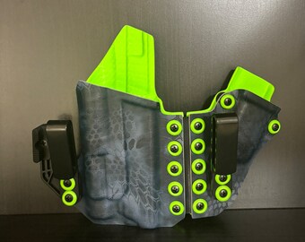 AIWB sidecar holster for Springfield Prodigy DS 1911 (5”) w/ Streamlight TLR1 made in kryptek Typhon camo front & carbon fiber zombie green