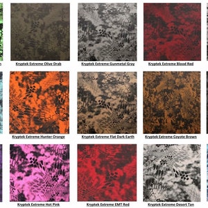 May include: A collection of 15 different Kryptek Extreme camouflage patterns, including Zombie Green, Olive Drab, Gunmetal Gray, Blood Red, Battleship Gray, Tiffany Blue, Hunter Orange, Flat Dark Earth, Coyote Brown, Typhon Camo, Purple Haze, Hot Pink, EMT Red, Desert Tan, and Pontus Camo.